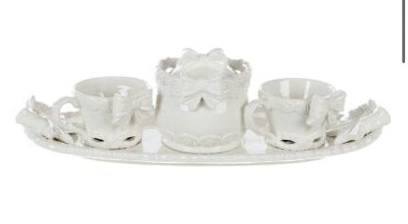 Servizio Tazzine da Caffè Vassoio Zuccheriera Ceramica Shabby Chic Blanc Mariclò