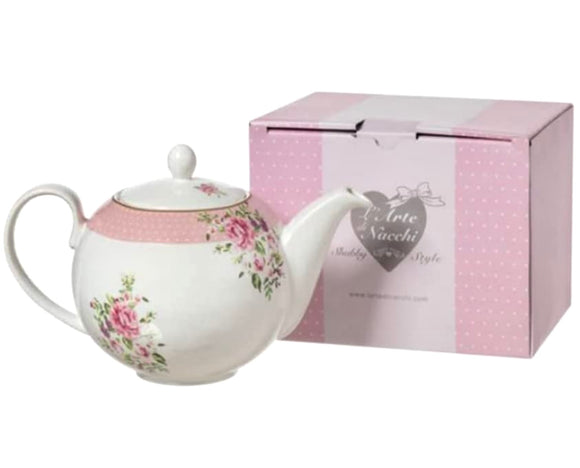 L'ARTE DI NACCHI Teiera tisaniera con fiori rosa ceramica bianca 23x14x15 cm