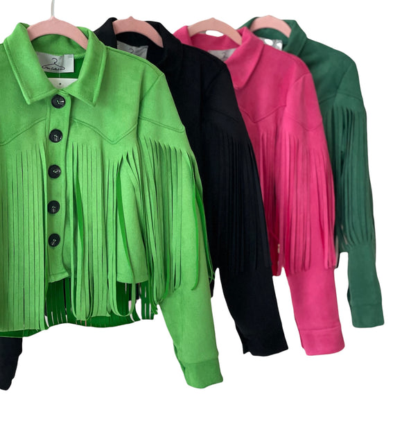 Giacca crop frange scamosciata con bottoni