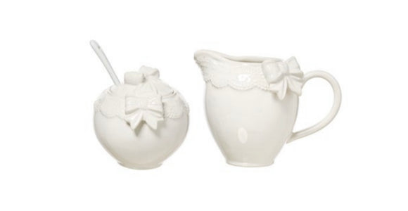 L’ARTE DI NACCHI SET LATTIERA E ZUCCHERIERA CON FIOCCO CERAMICA BIANCA KF-35