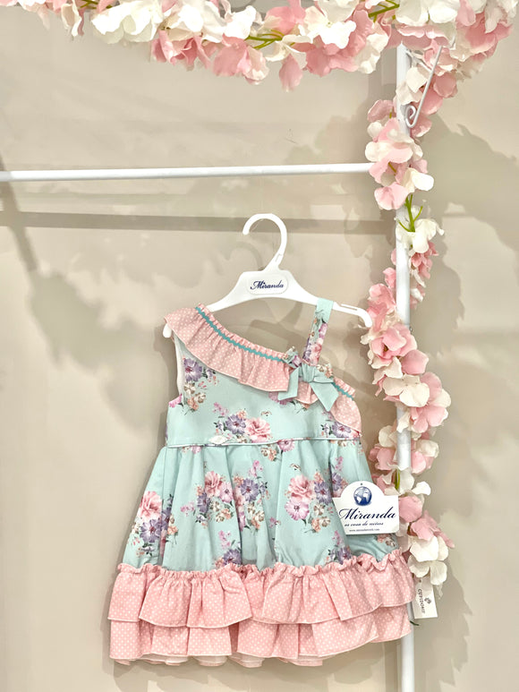 Miranda vestito verde acqua con fiori rosa