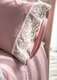 Completo Lenzuola Elegance Malva Matrimoniale con Bordo In Pizzo 100% Cotone