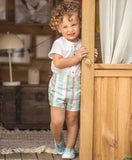 Yoedu completo camicia a mezze maniche e pantaloncino a righe beige e verde acqua