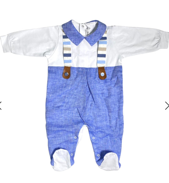 Tutina Intera in Cotone E Lino Bianca E Celeste Neonato LA SARTORIA DEI PICCOLI LTB115